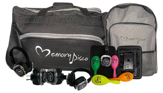 Quiet Events Silent Disco headphones for senior care. A picture of silent disco equipment open for display.